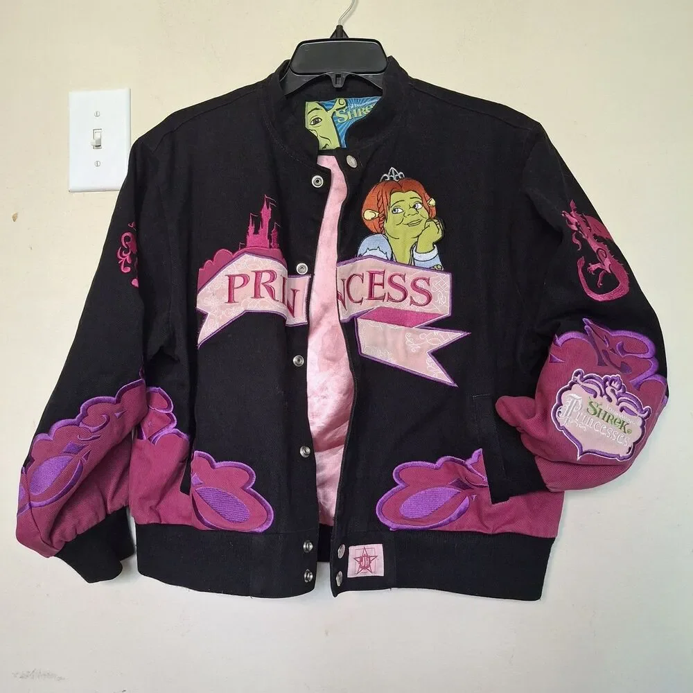 Shrek Fiona Embroidered Varsity Jacket Youth XL Black Pink DreamWorks Vintage